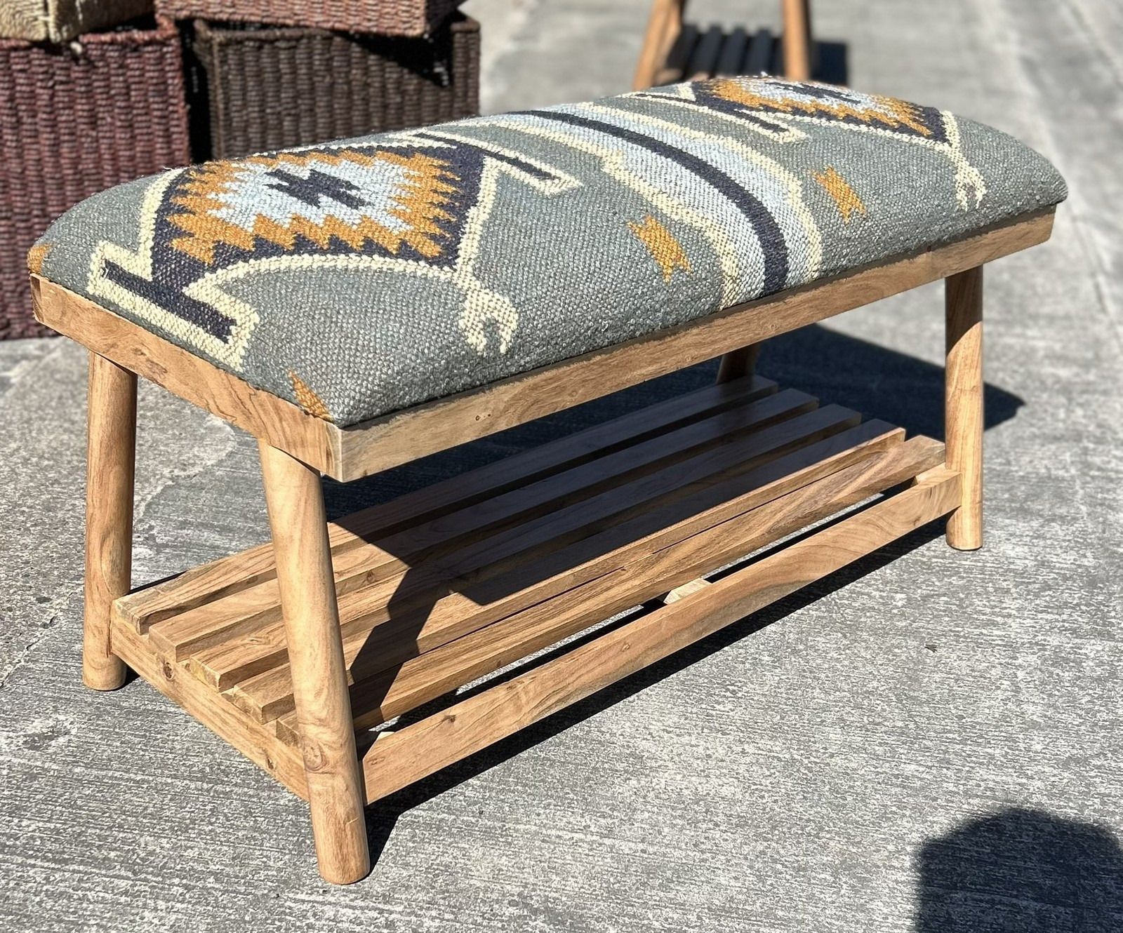 Beautiful Contemporary Kilim Kelem Flat Weave Upholstered Bench Seat With Rack photo vinterior