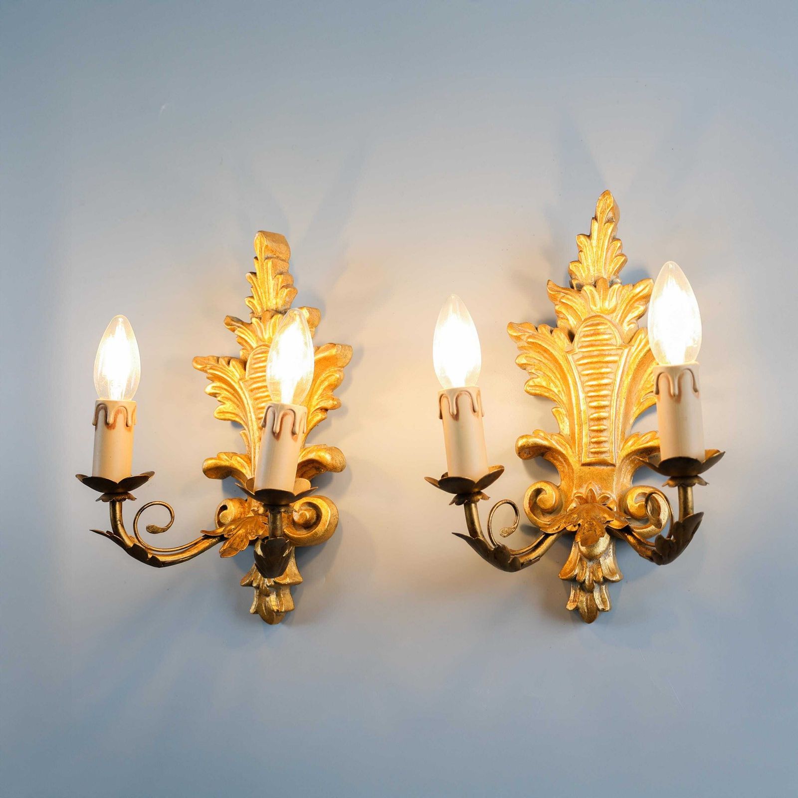 photo furniture Pair Of Gilt Wood Florentine Wall Lamps, 1960s, Italy.
