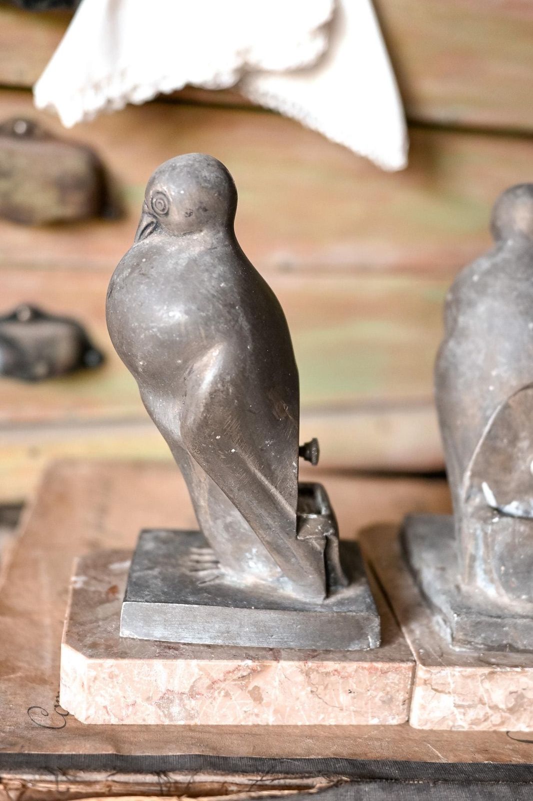 Art Deco Pigeon Bookends | Pair Spelter Bird Sculptures | Pink Marble Base | French 1930s | Desk Library Decor photo furniture