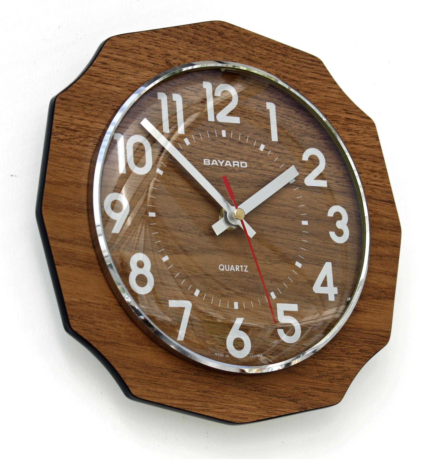 Vintage Bayard Wall Clock   24cm Mid Century Style Wooden Formica Retro French 1970s Atomic Gift Off The Wall Clocks photo furniture