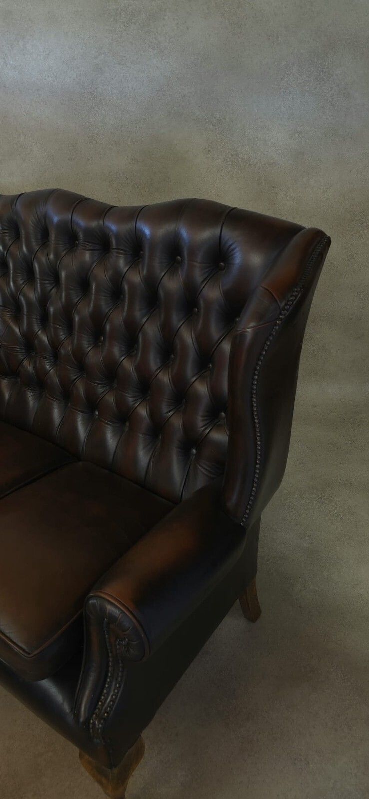 Vintage Queen Anne Style High Back Brown Leather Chesterfield Sofa photo for sale