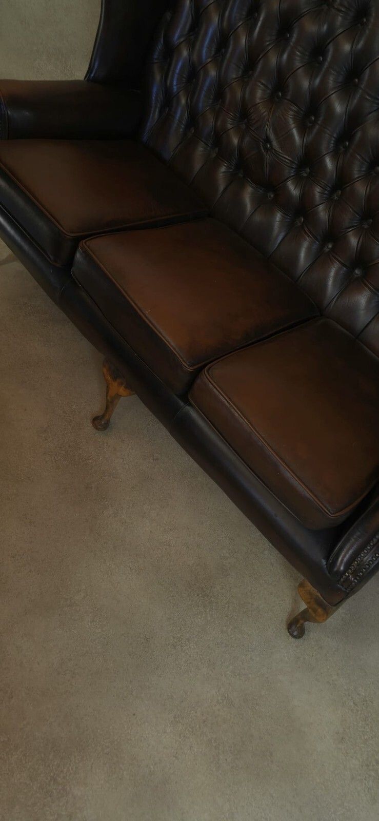 Vintage Queen Anne Style High Back Brown Leather Chesterfield Sofa photo Furniture
