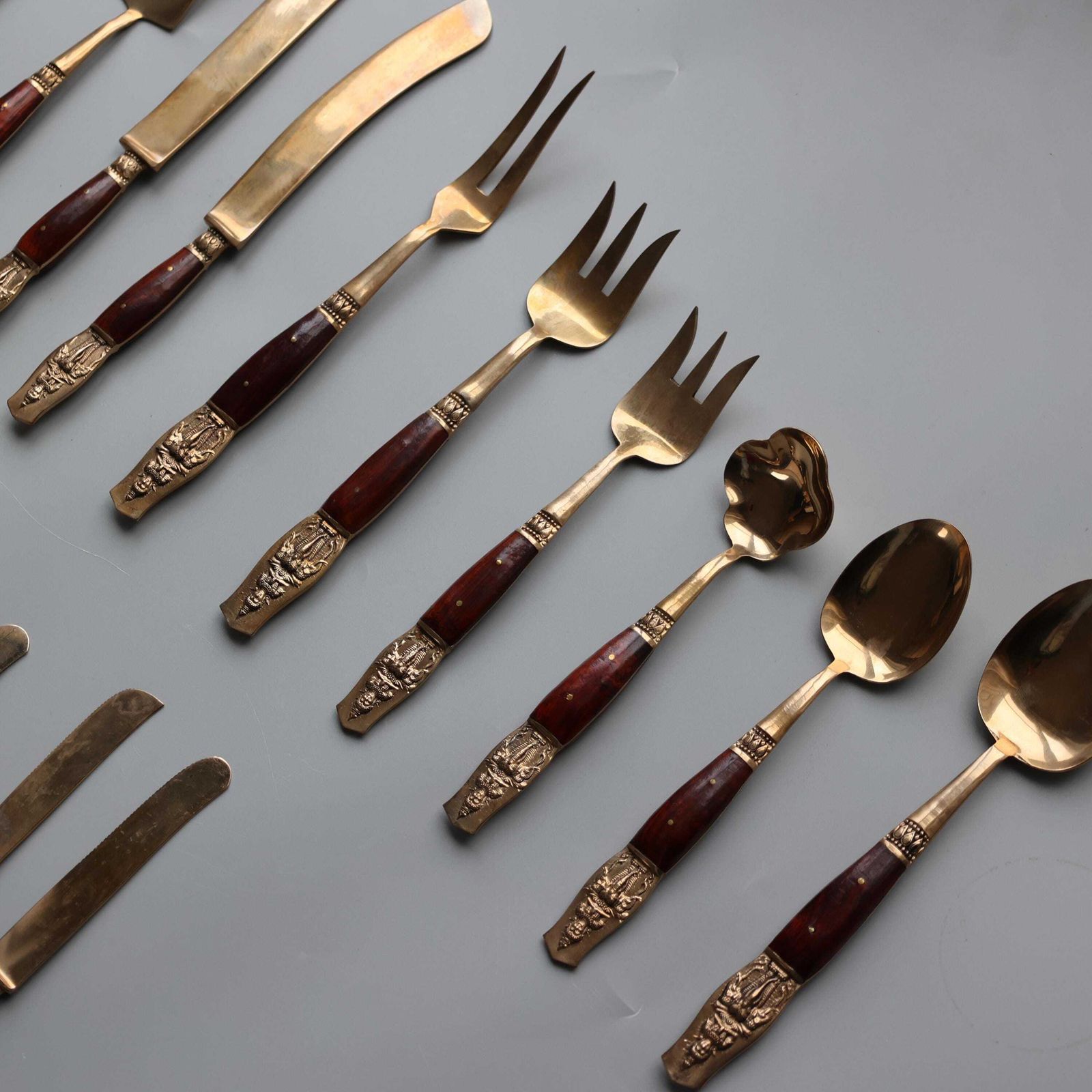 385.0 Stunning Vintage Bronze Flatware Set With Buddhist Inspired Engravings – 144 Pieces photo