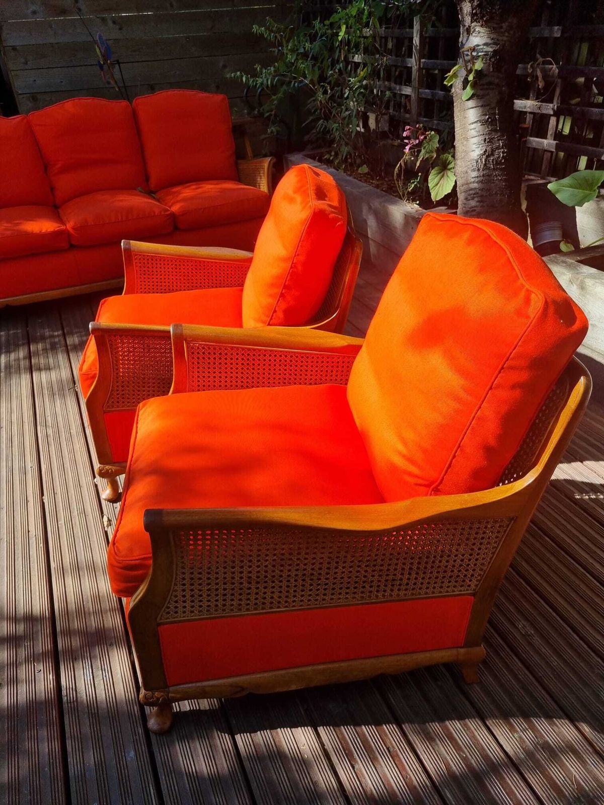 1920s French Style Bergere Suite   Burnt Orange, Walnut & Double Walled Cane photo for sale