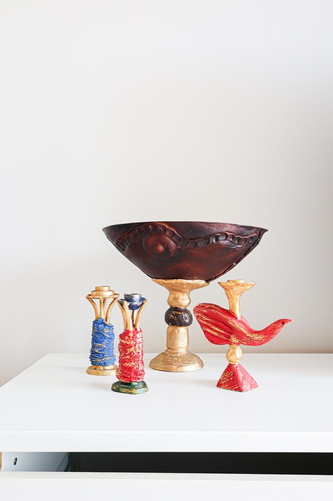 Pierre Casenove Bronzen Kandelaars + Fruitschaal, Jaren 1990.