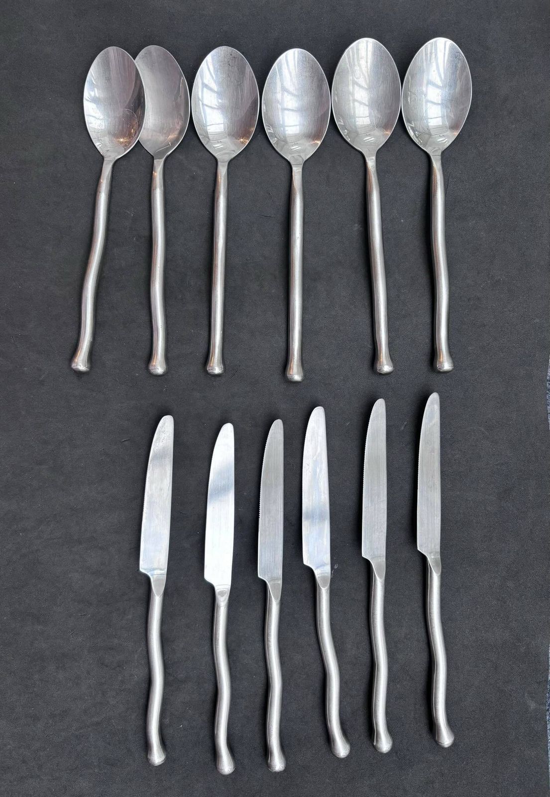French Twisted Flatware Set For 6, Brutalist Medieval Style Stainless Steel photo buy