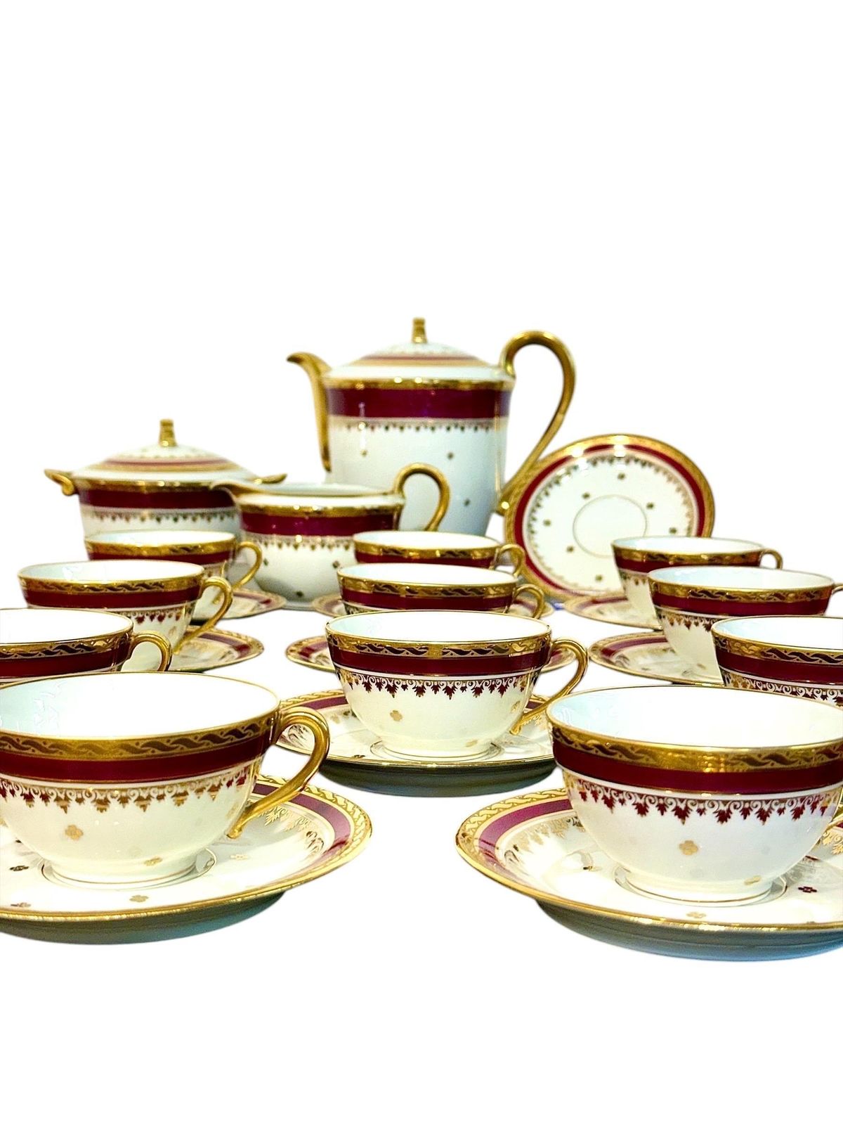 Limoges Unique Porcelain Tea Service, Burgundy & Gilt, 20th Century photo furniture
