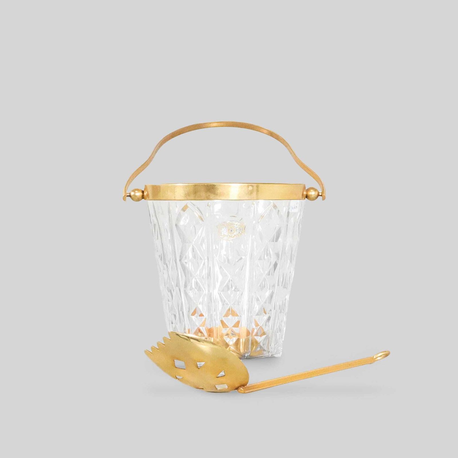 Val Saint Lambert Crystal Cut Ice Bucket With Gold Plated Details And Spoon