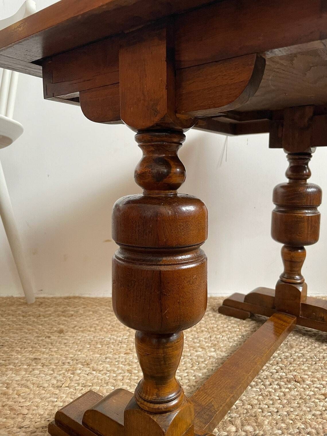 Vintage Tall Oak Hallway Chapel Side Table With Chunky Turned Wood Legs Arts And Crafts Vibe photo vinterior