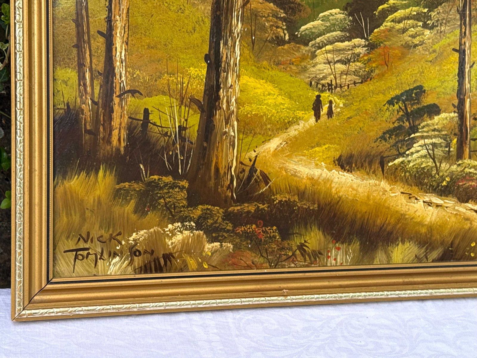 Vintage Original Oil Painting On Board By Nick Tomlinson, Woodland Landscape – Framed 1980s Wall Art photo vinterior