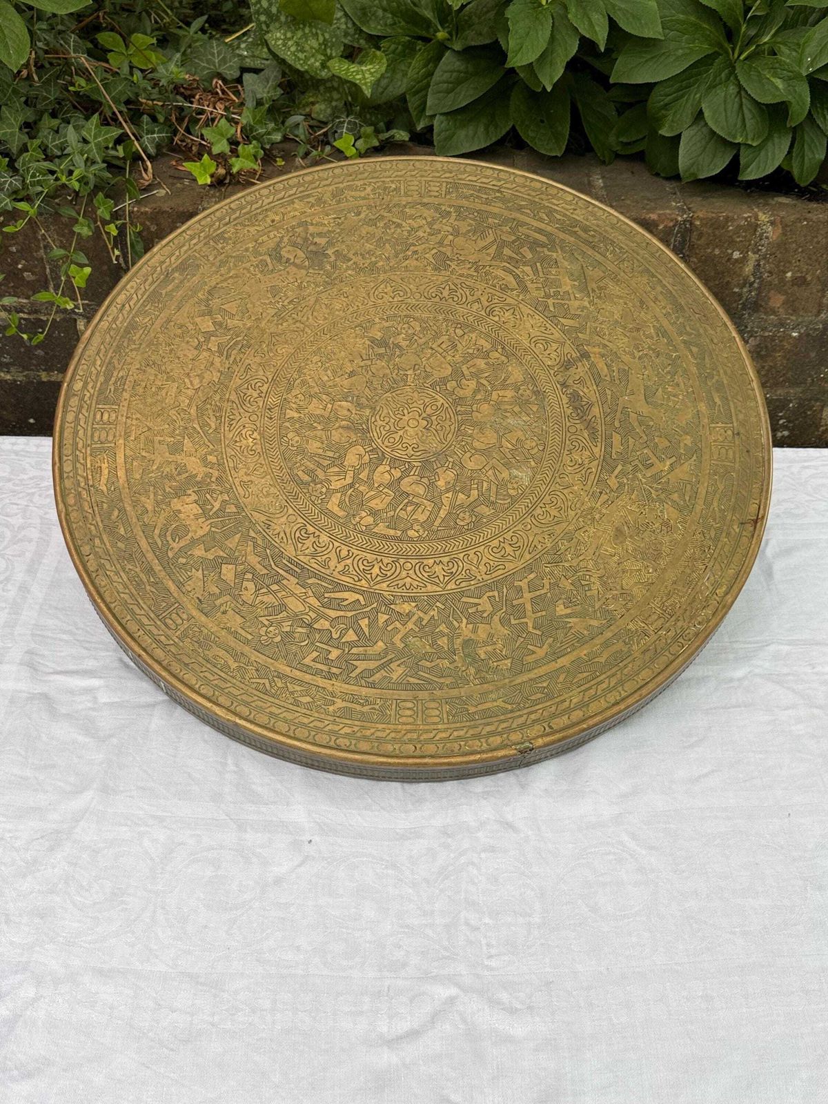 Early 1900s Banaras Benares Engraved Brass Table Top Wall Plaque, Brass Wall Plate Or Brass Charger photo furniture