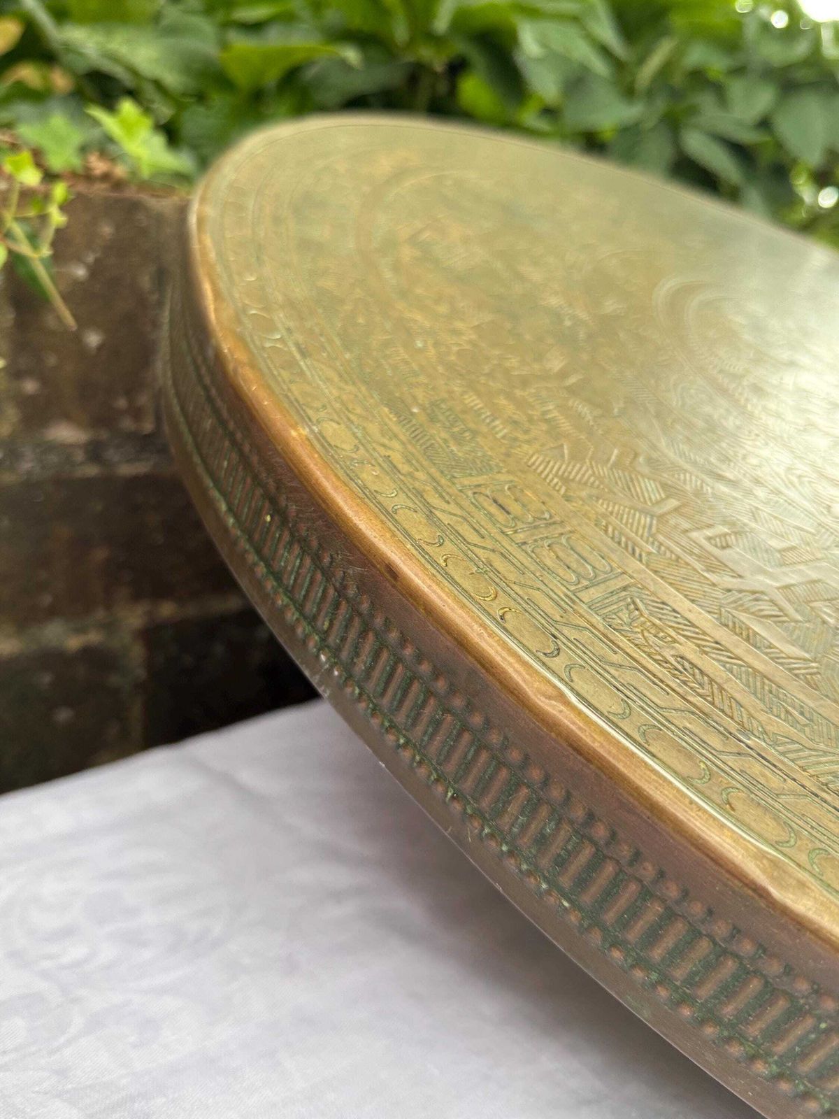 Early 1900s Banaras Benares Engraved Brass Table Top Wall Plaque, Brass Wall Plate Or Brass Charger photo for sale