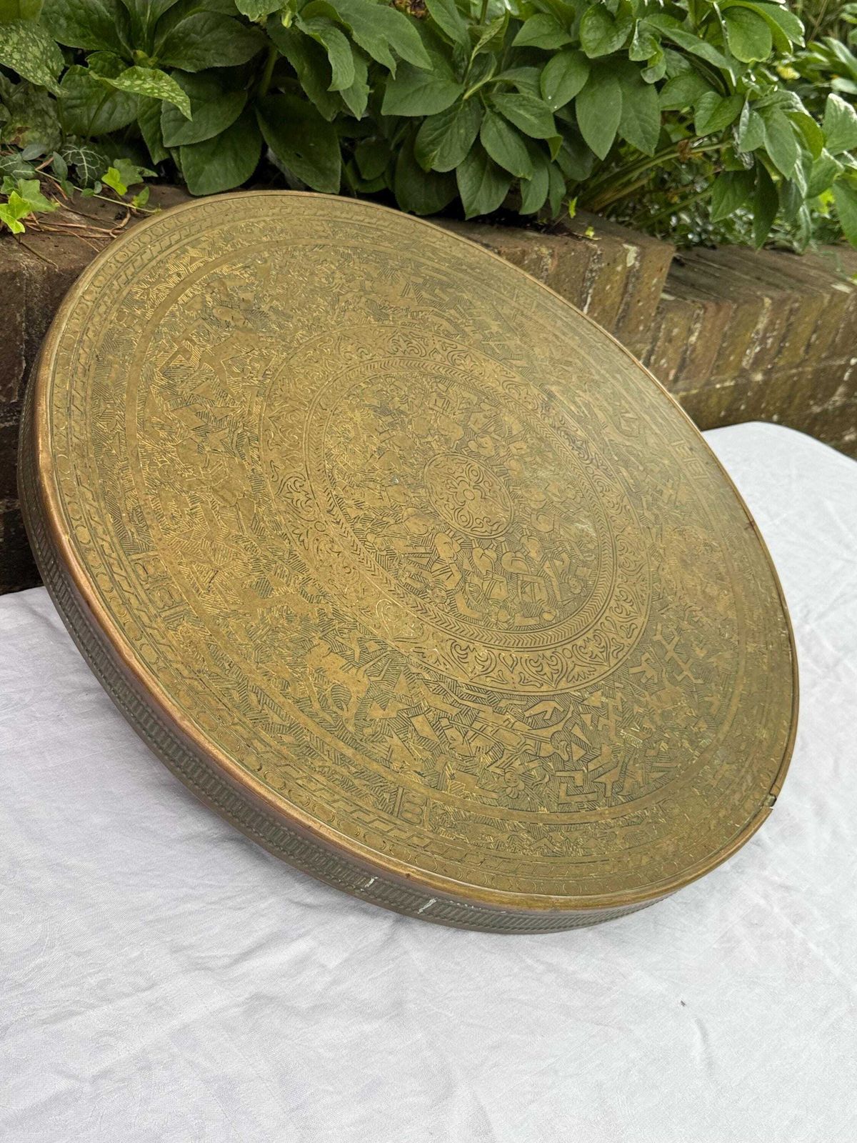 Early 1900s Banaras Benares Engraved Brass Table Top Wall Plaque, Brass Wall Plate Or Brass Charger photo 175.0