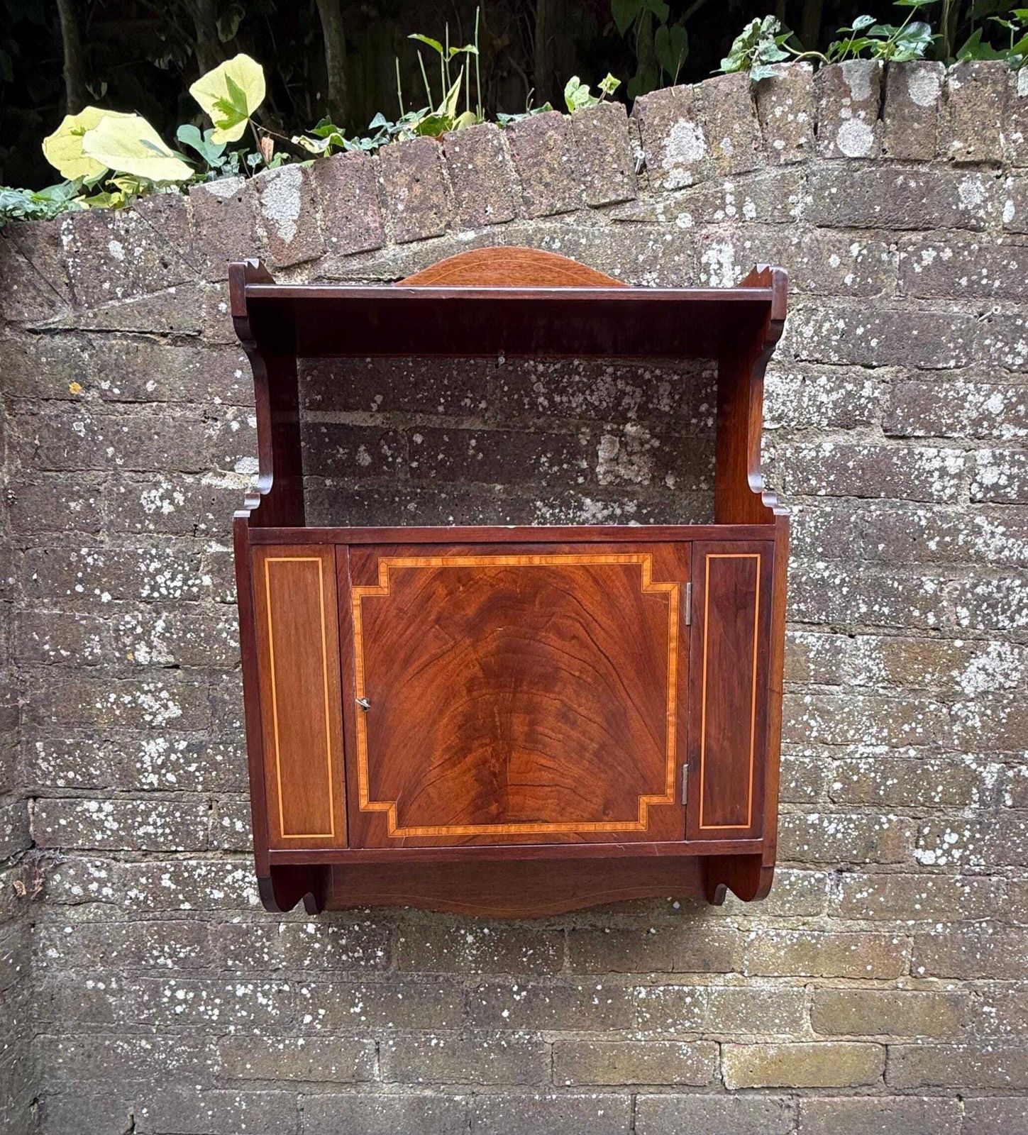 Superb Antique Mahogany Wall Hanging Cabinet With Inlaid Veneer And Working Lock