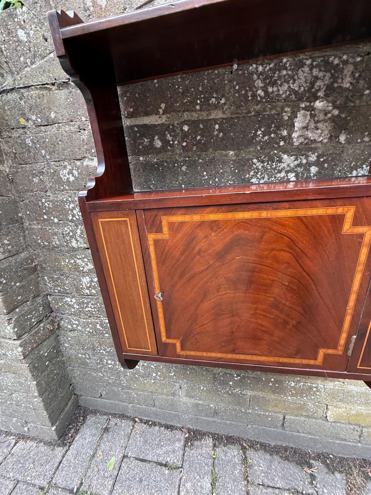 Superb Antique Mahogany Wall Hanging Cabinet With Inlaid Veneer And Working Lock photo buy