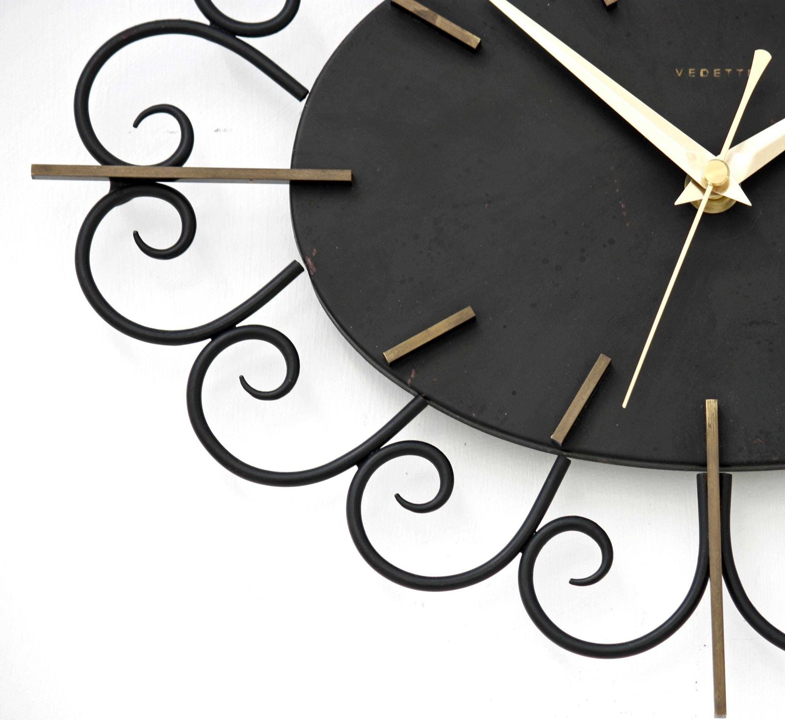 Vintage Vedette Wall Clock   34cm Sunburst French Starburst Metal Retro Atomic Ornate Black Clock Gift Off The Wall Clocks photo Home Decor