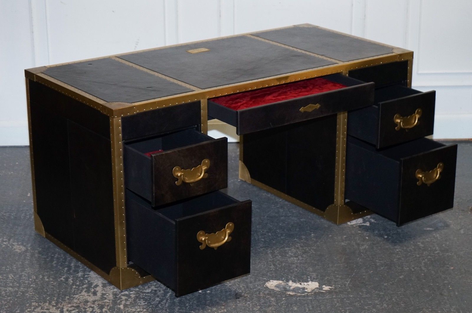 Timothy Oulton Cumberland Collection Aged Leather Desk Red Velvet Lining photo for sale