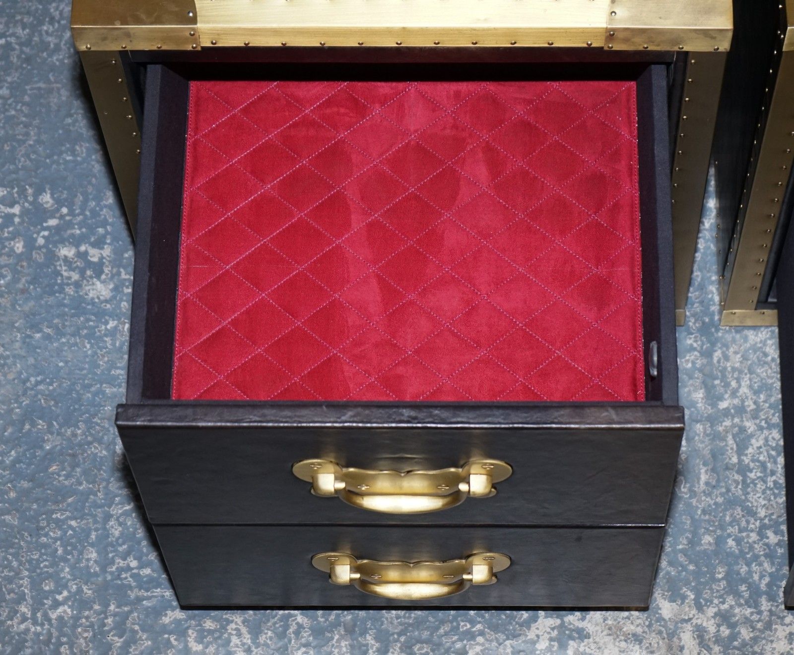 2995.0 Timothy Oulton Cumberland Collection Pair Bedside Nightstands Red Velvet Lining photo