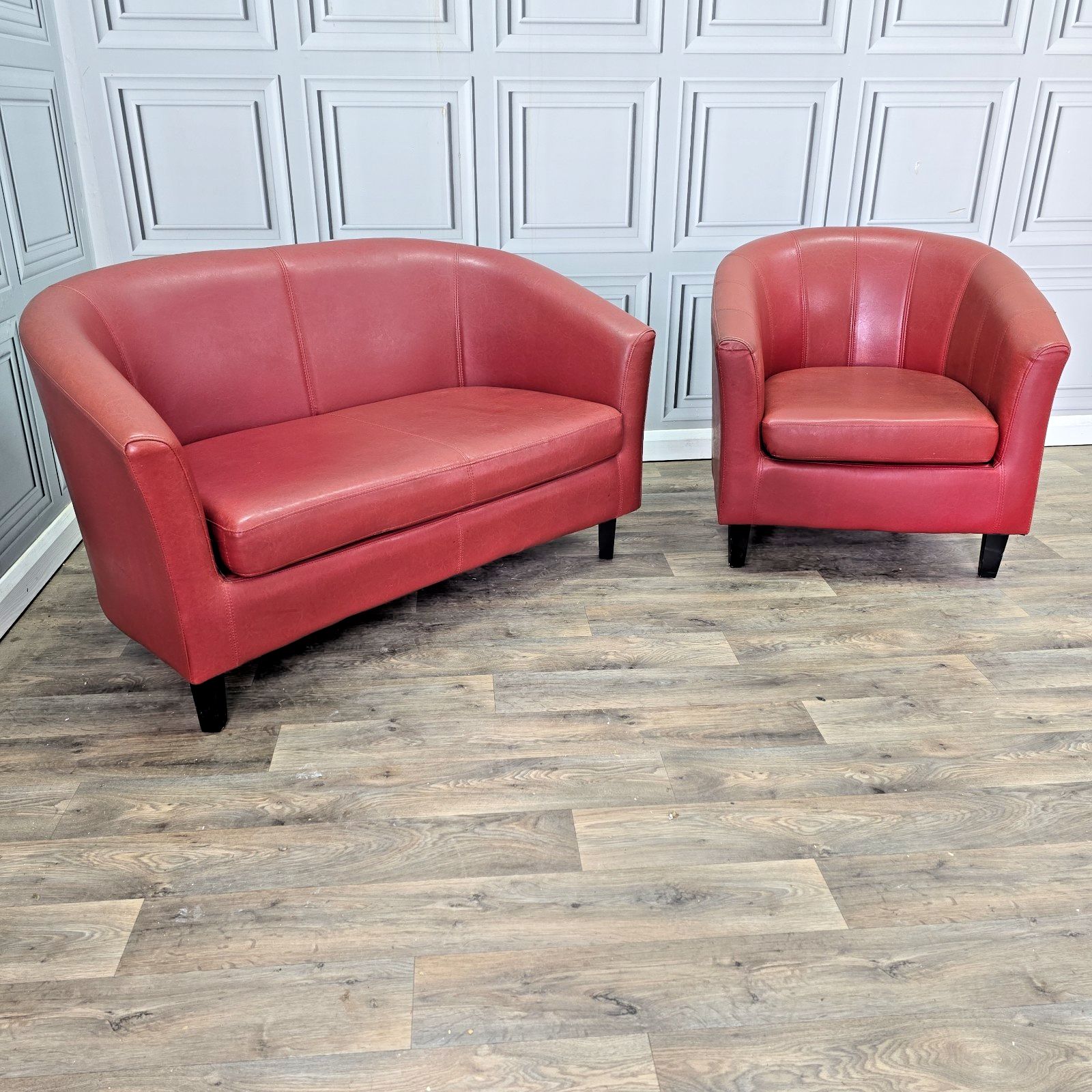 Vintage Tub Chair And Two Seater Sofa Red Vinyl Faux Leather Lounge Suite