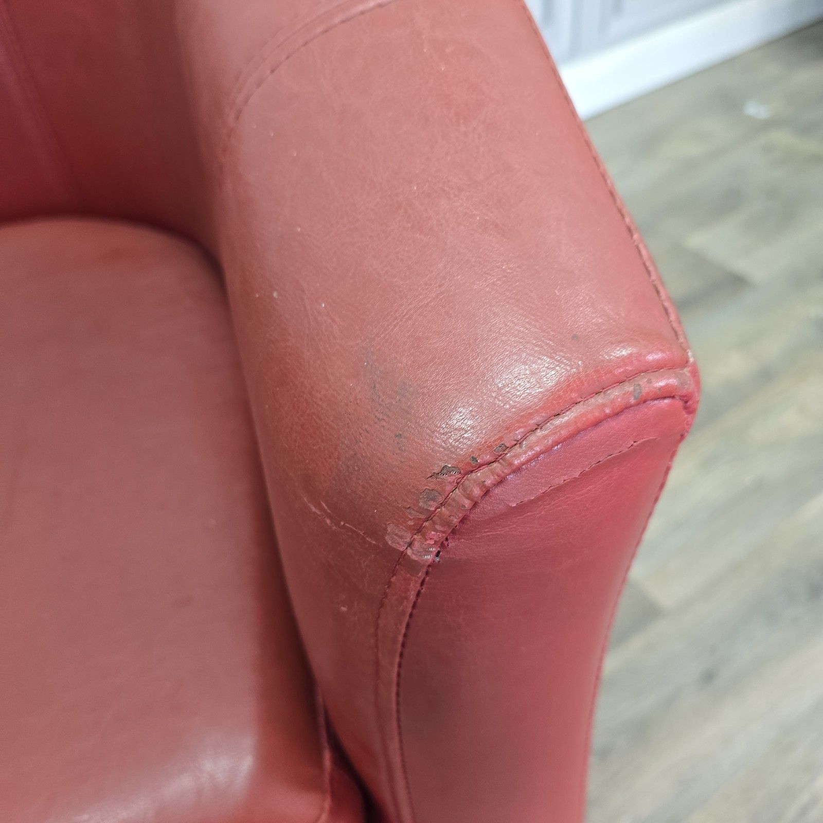 photo furniture Vintage Tub Chair And Two Seater Sofa Red Vinyl Faux Leather Lounge Suite