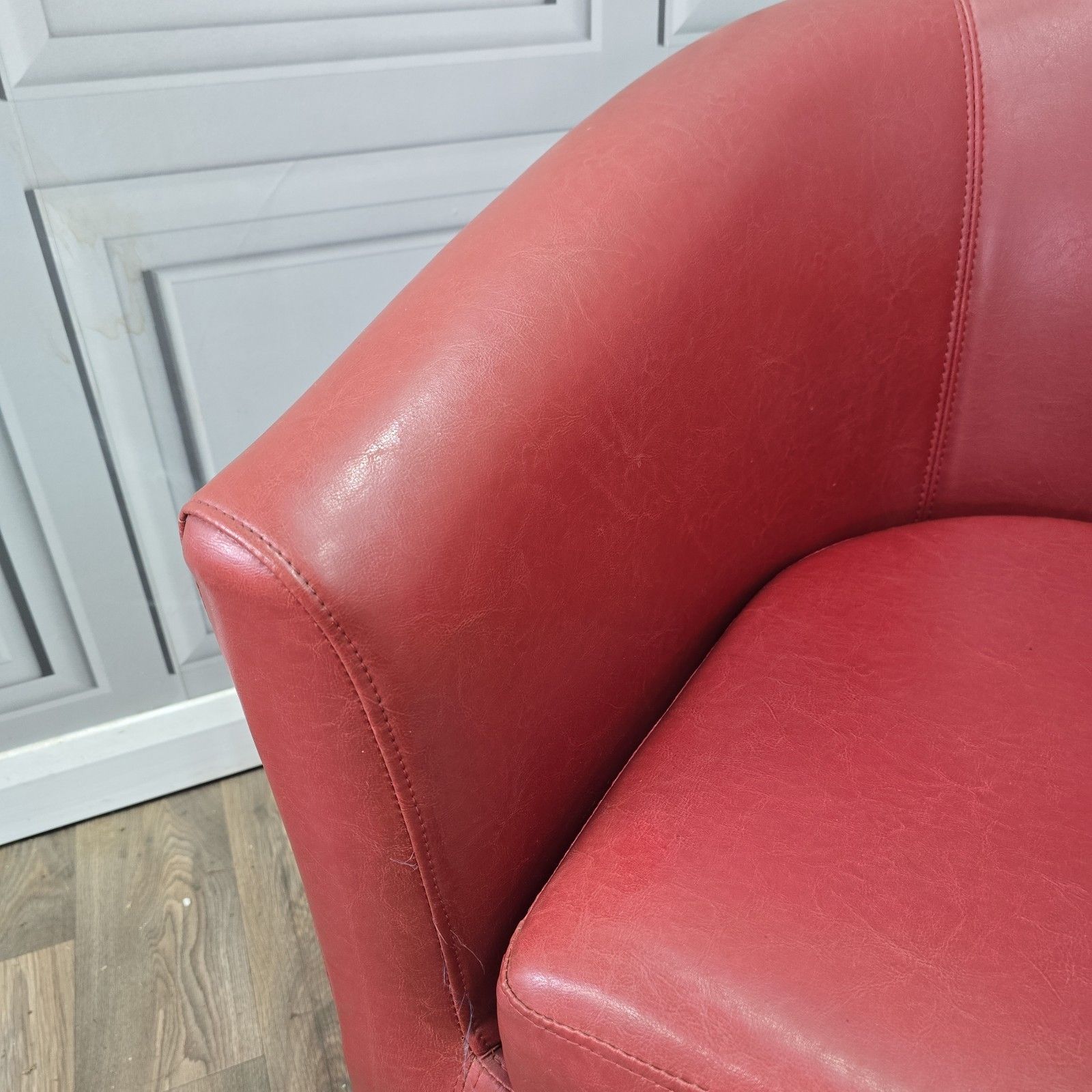 Furniture Vintage Tub Chair And Two Seater Sofa Red Vinyl Faux Leather Lounge Suite photo
