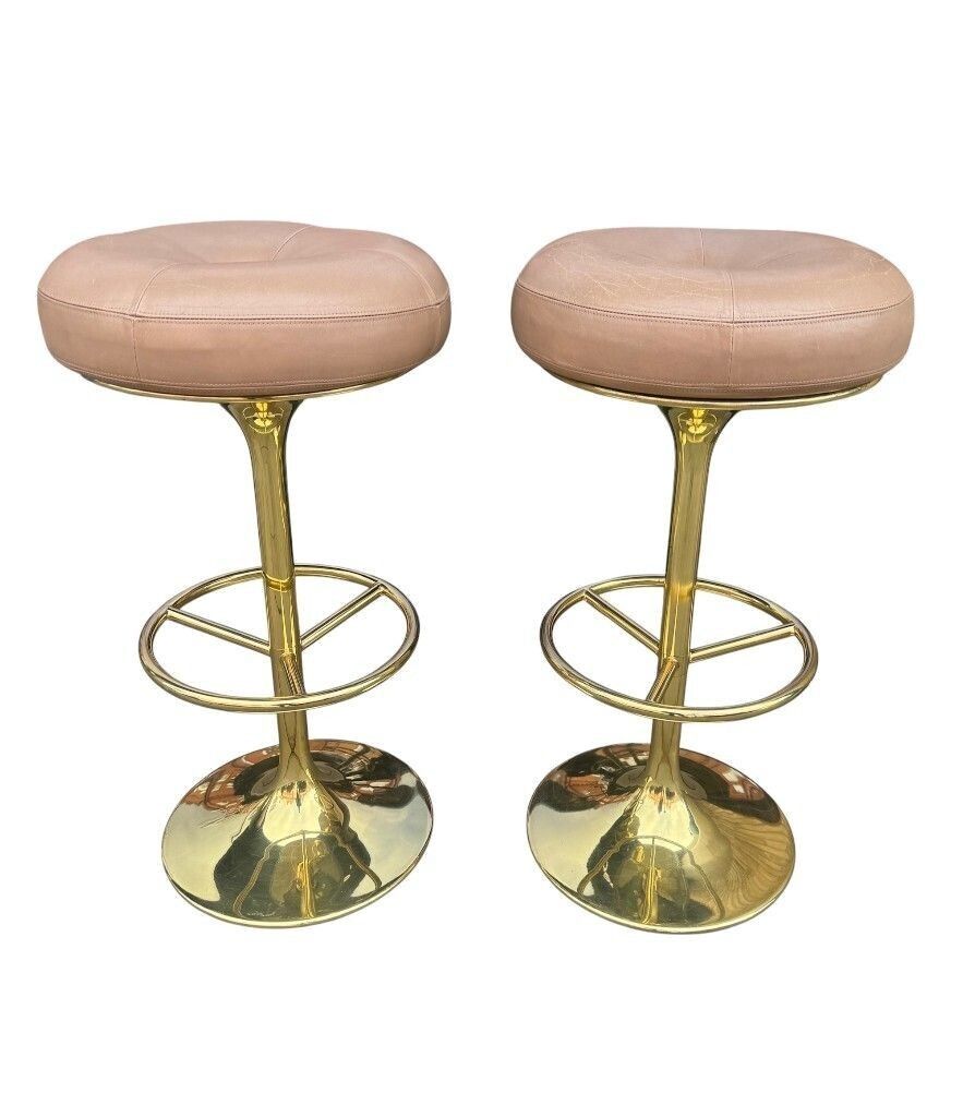 A Pair Of 1970s Gilt Metal And Leather Bar Stools
