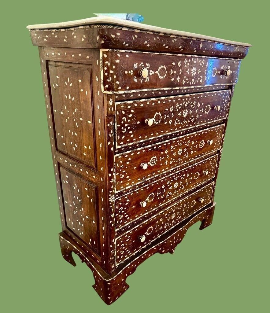 A Lovely Decorative Syrian Inlaid Five Drawer Commode With Serpentine Front And Carrera Marble Top photo furniture