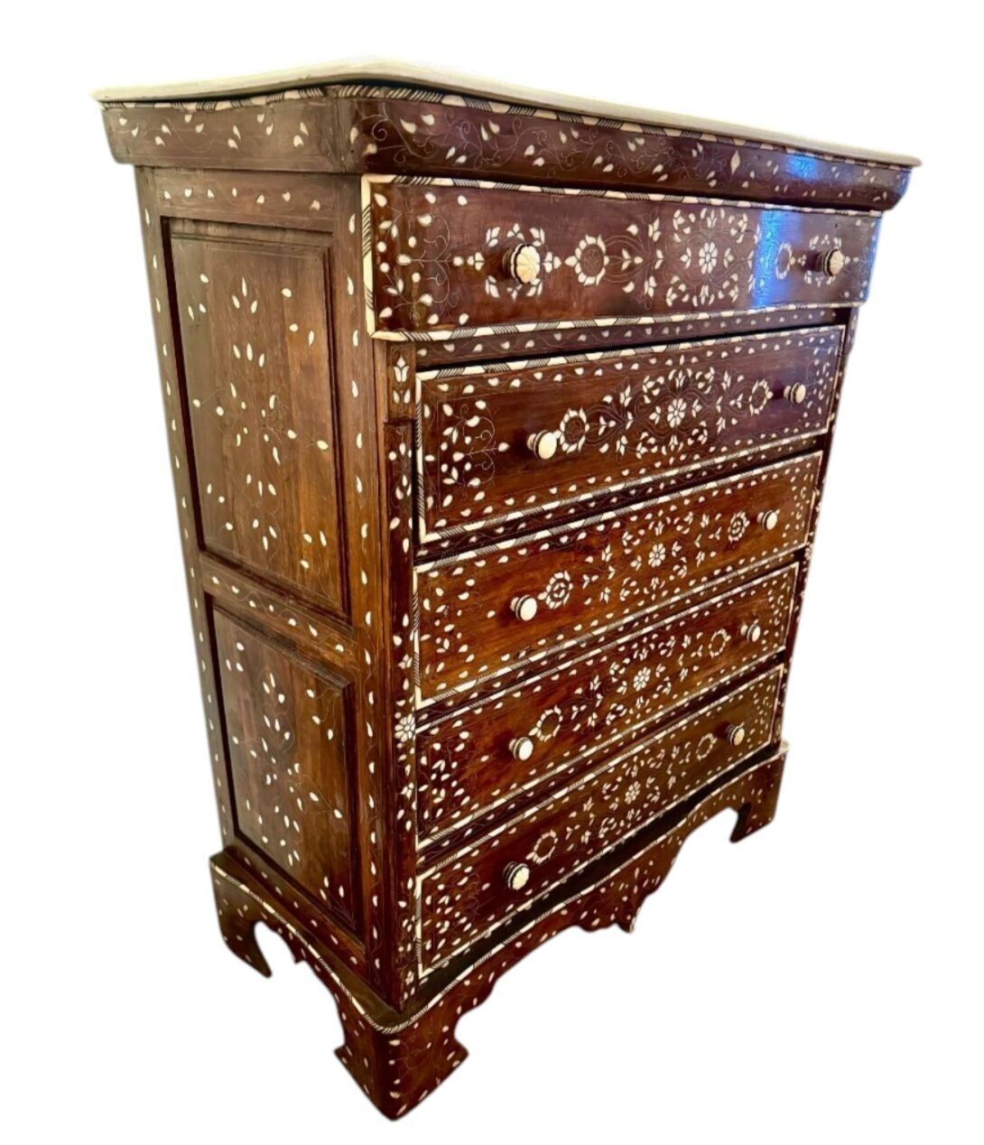 A Lovely Decorative Syrian Inlaid Five Drawer Commode With Serpentine Front And Carrera Marble Top photo vintage