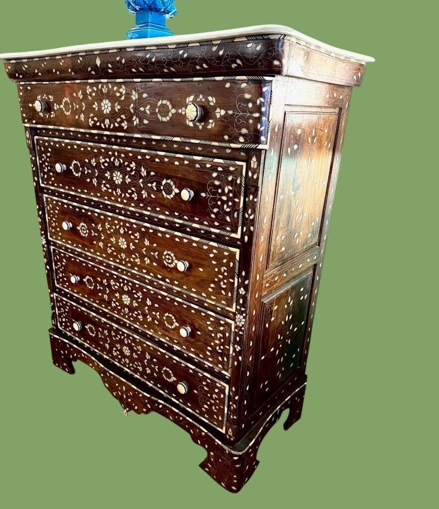 Furniture A Lovely Decorative Syrian Inlaid Five Drawer Commode With Serpentine Front And Carrera Marble Top photo