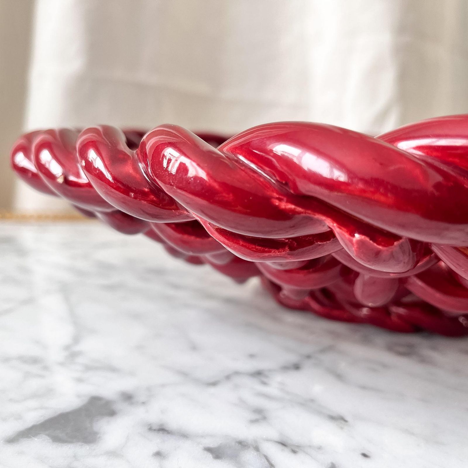 Large Vintage Red Glazed Ceramic Woven Bowl Attributed To Vallauris. photo Home Decor