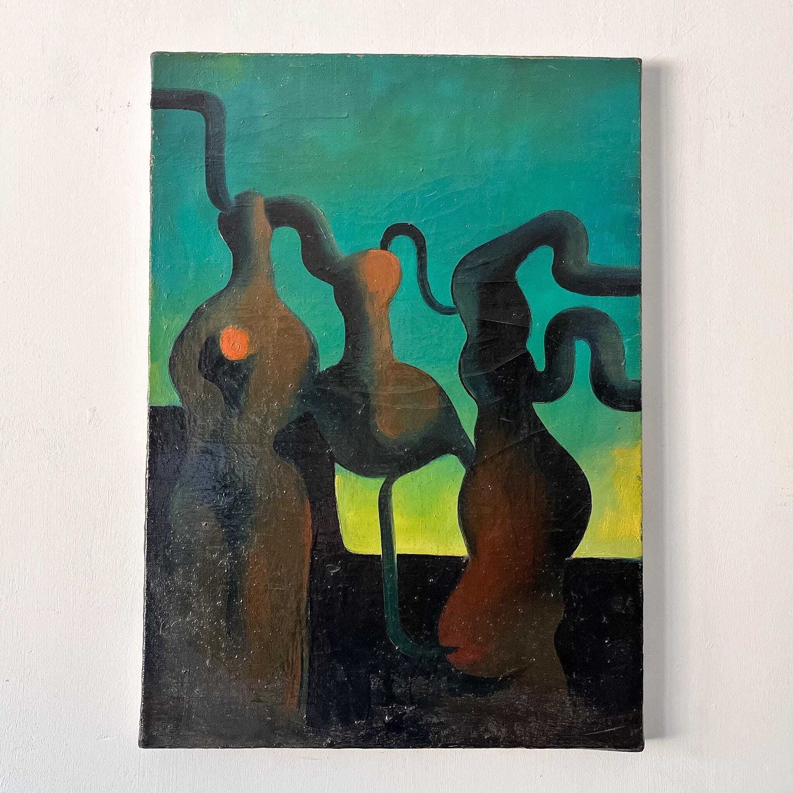 French Vintage Surrealist Oil Painting On Canvas.