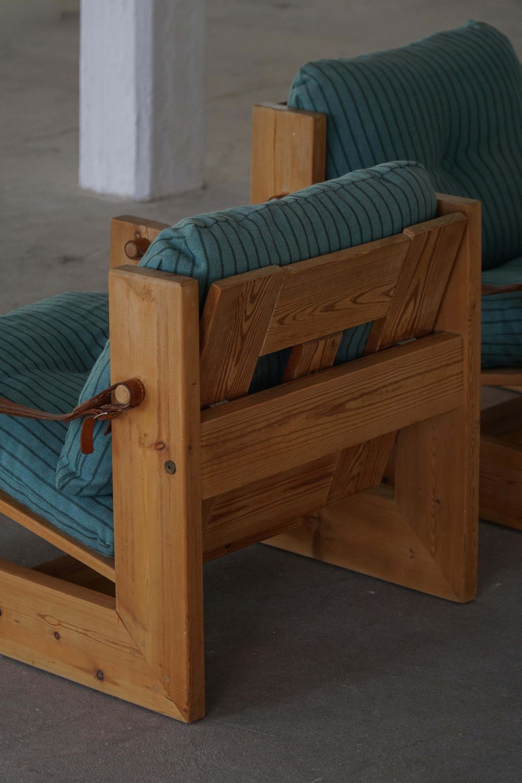 photo for sale Pair Of Swedish Modern Pine Lounge Chairs With Leather Armrests, 1970s