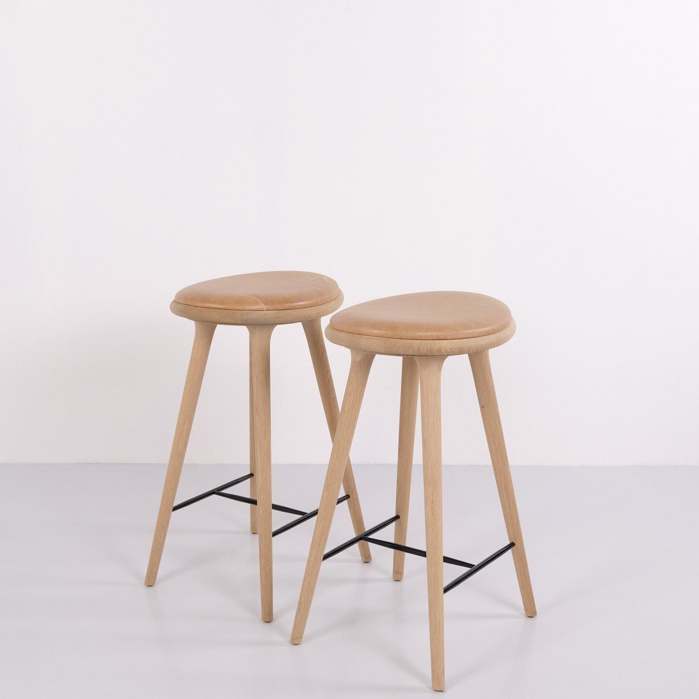 Pair Of Mater Bar Stools In Oak And Natural Leather photo furniture