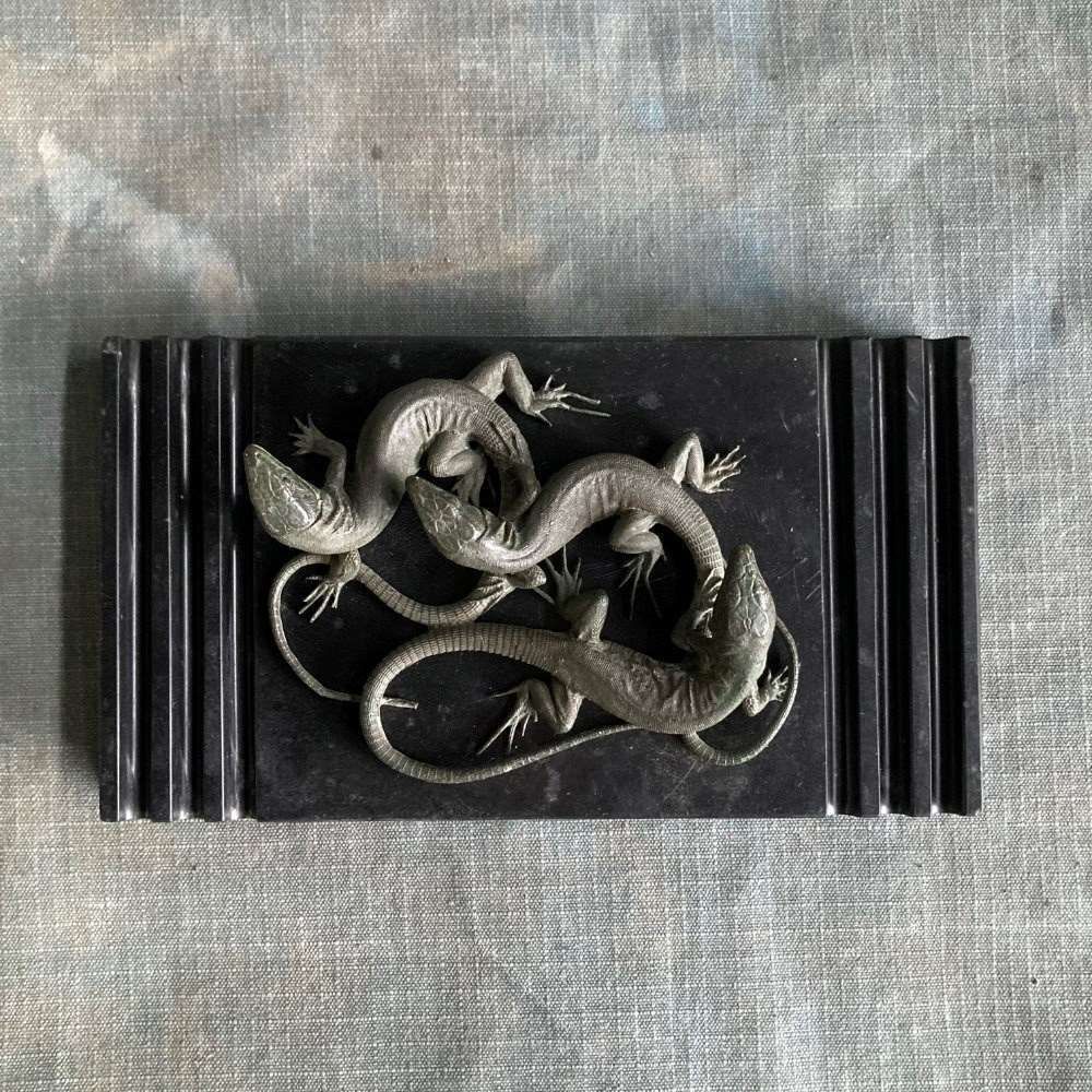 19th C. Bronze Lizards Marble Paperweight photo furniture