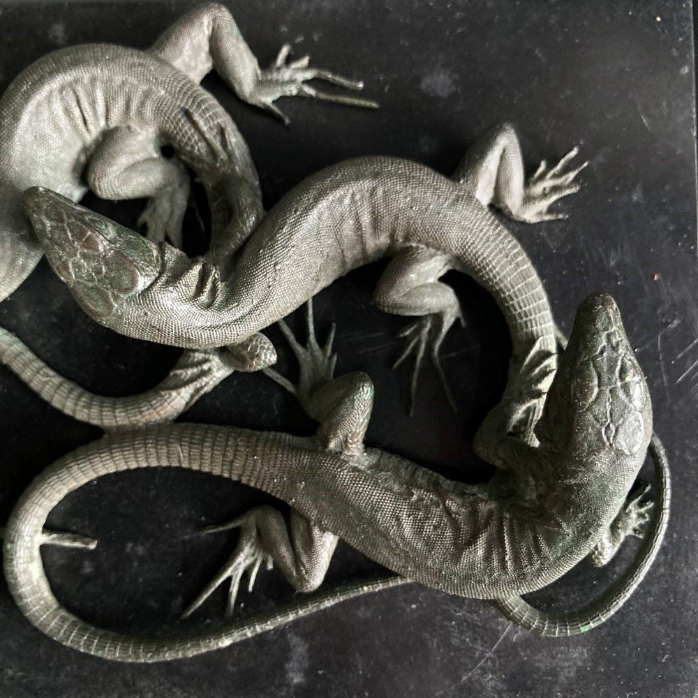 19th C. Bronze Lizards Marble Paperweight photo vinterior