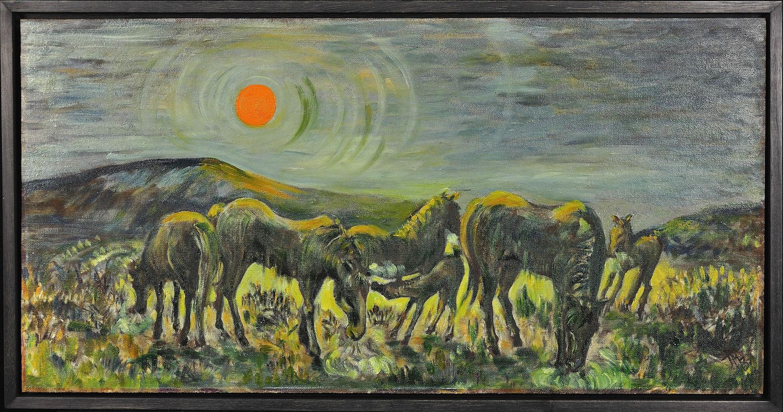 Hazel Barnett. Welsh Ponies Grazing Under A Warm Sun, Penlan, Swansea, Wales. 1967. Peinture à l'huile britannique moderne encadrée, mid-century, milieu du XXe siècle.