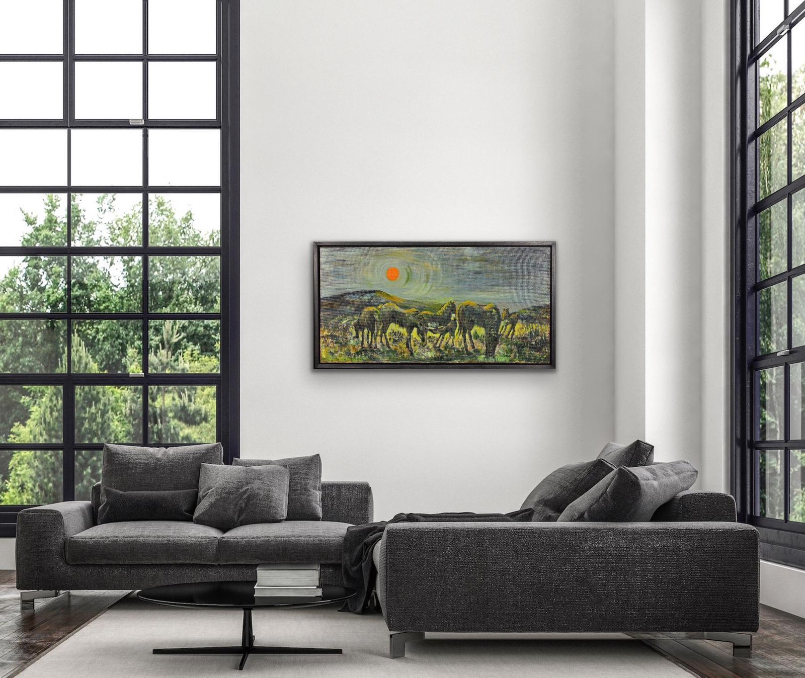 Hazel Barnett. Welsh Ponies Grazing Under A Warm Sun, Penlan, Swansea, Wales. 1967. Framed Mid 20th Century Modern British Oil Painting. photo buy
