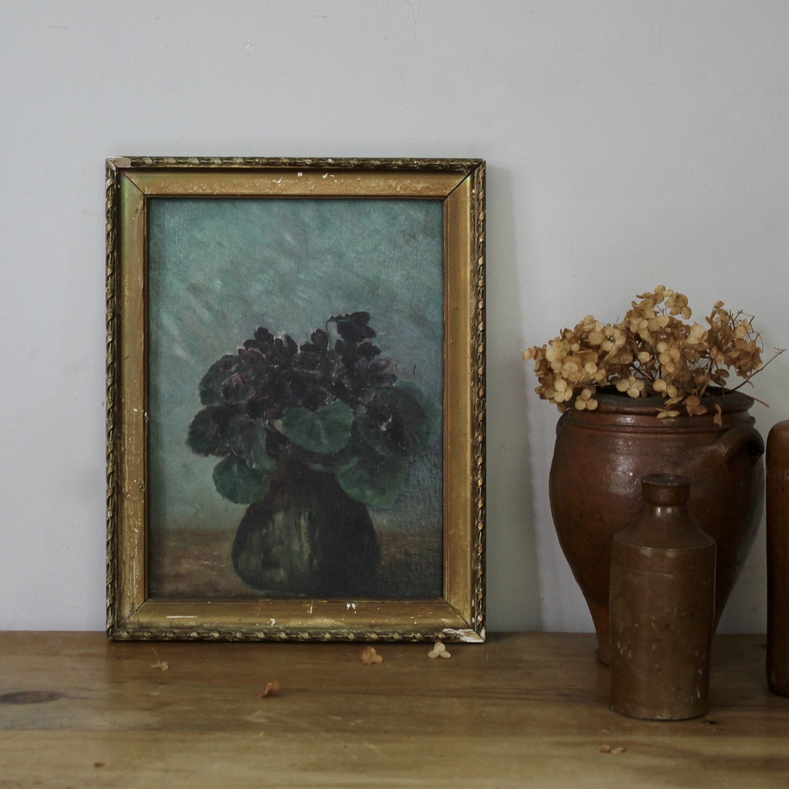 Antique French Floral Oil On Board Painting Of African Violets