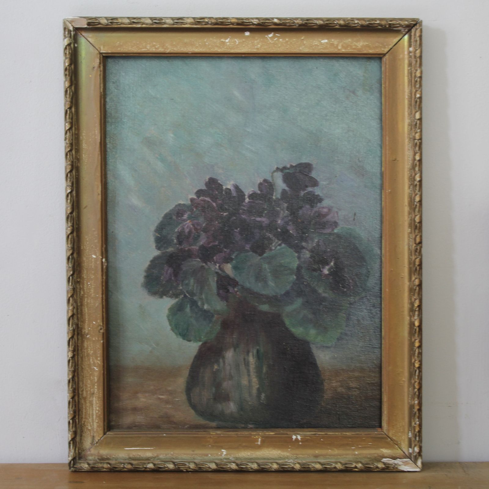 Antique French Floral Oil On Board Painting Of African Violets photo furniture