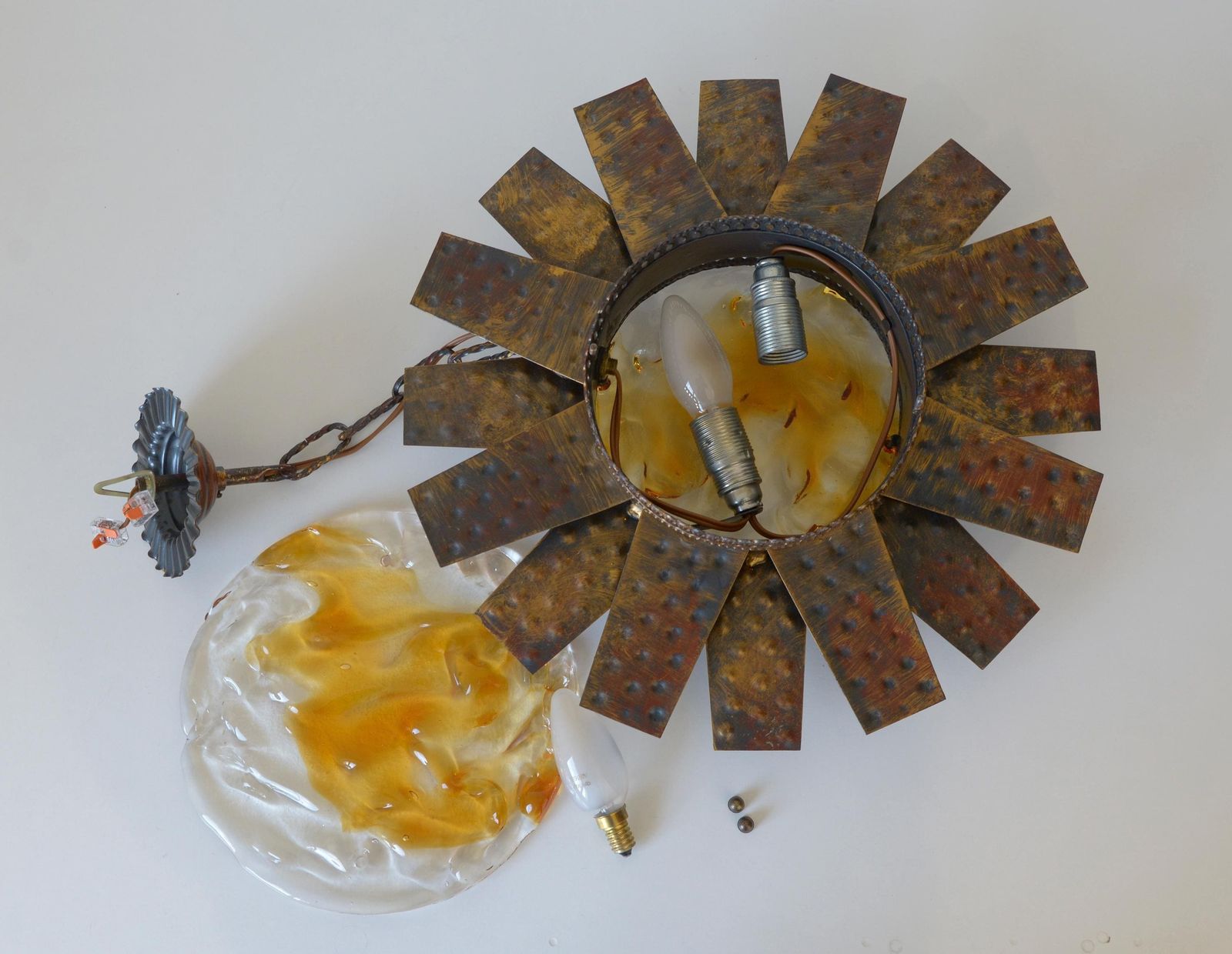 Lighting Vintage Italian Murano Style Pendant Light 1970s / Brutalist Sunburst Copper Hanging Lamp photo