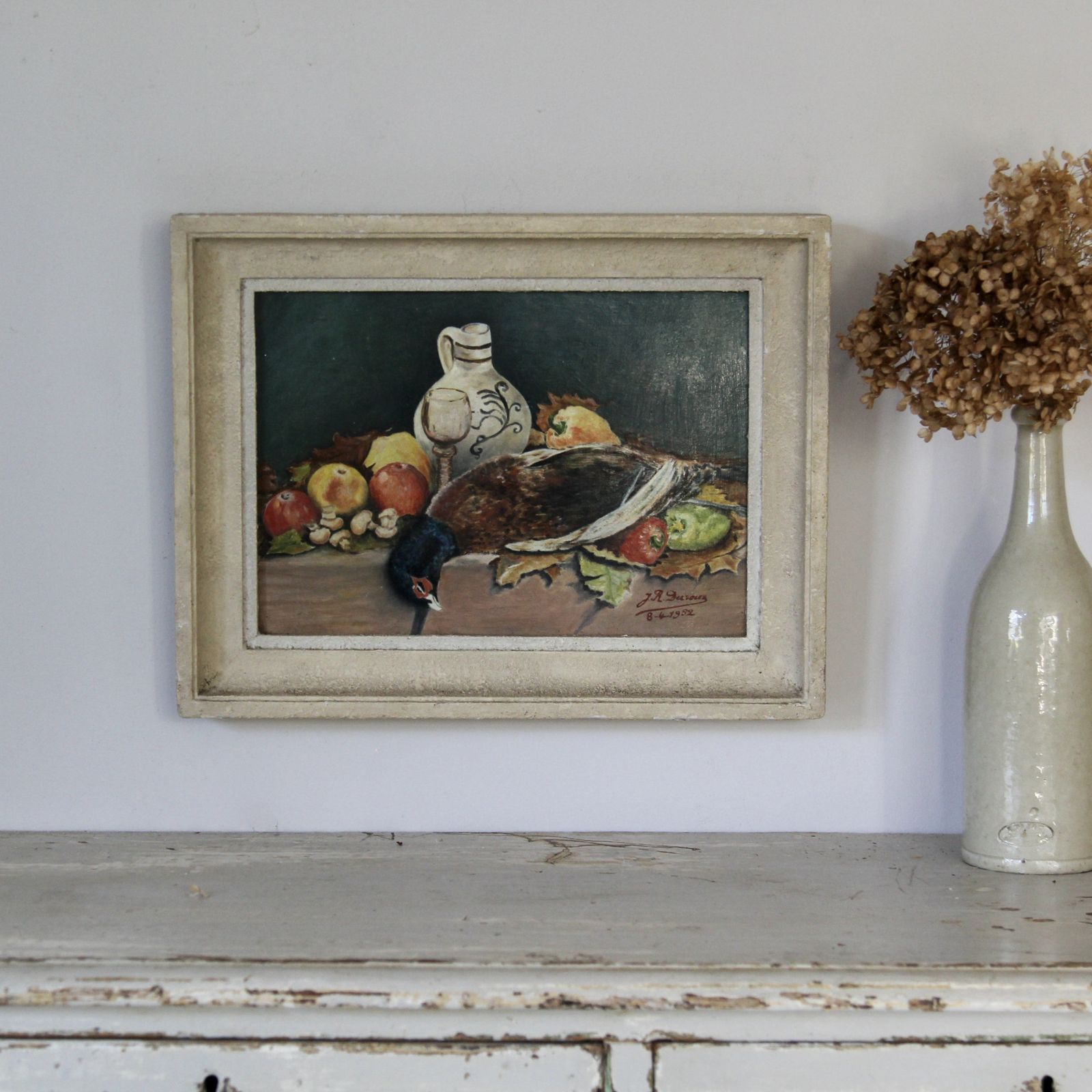 Antique French Mid Century Still Life, Oil On Board Dated 1952 photo furniture
