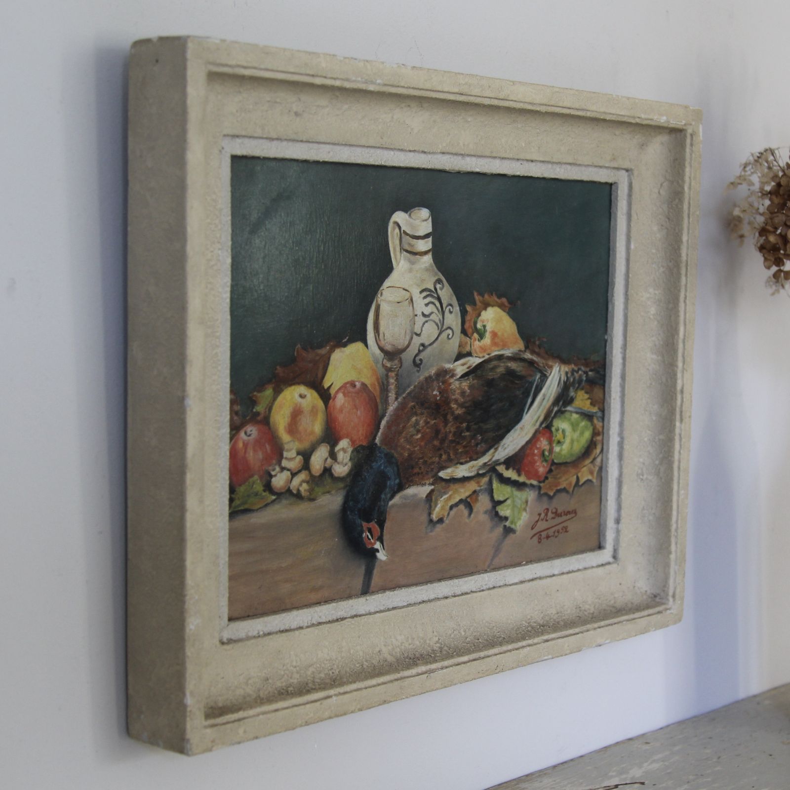 photo furniture Antique French Mid Century Still Life, Oil On Board Dated 1952