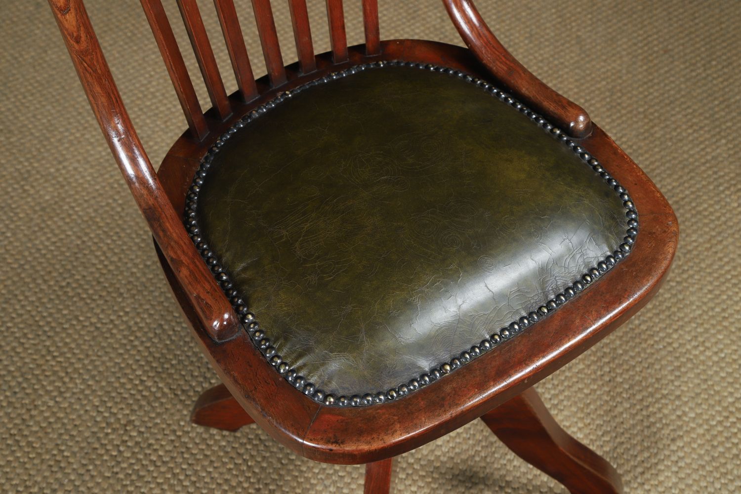 Antique English George V Beech & Green Leather Revolving Armless Office Chair (Circa 1920) photo vinterior