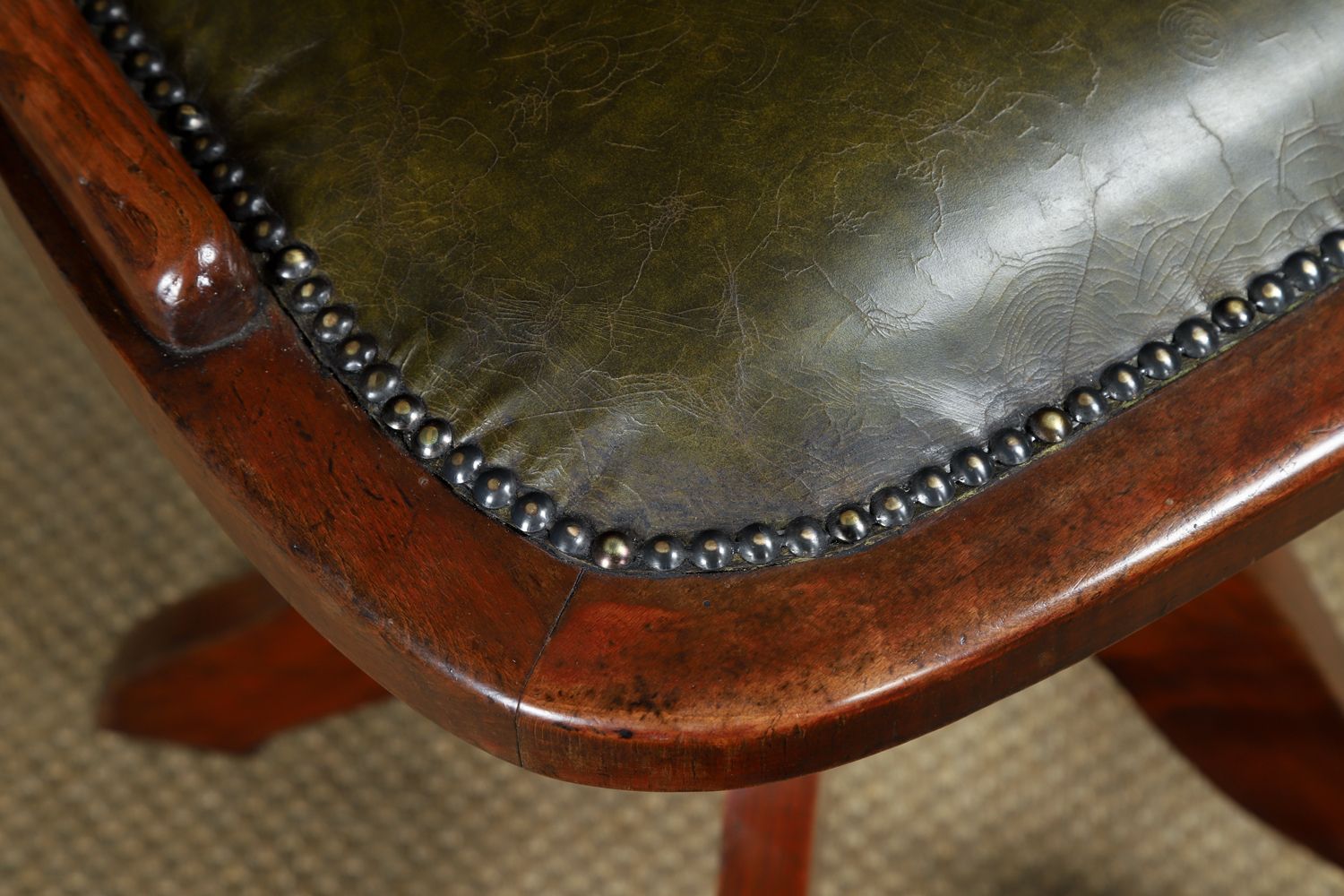 Antique English George V Beech & Green Leather Revolving Armless Office Chair (Circa 1920) photo buy
