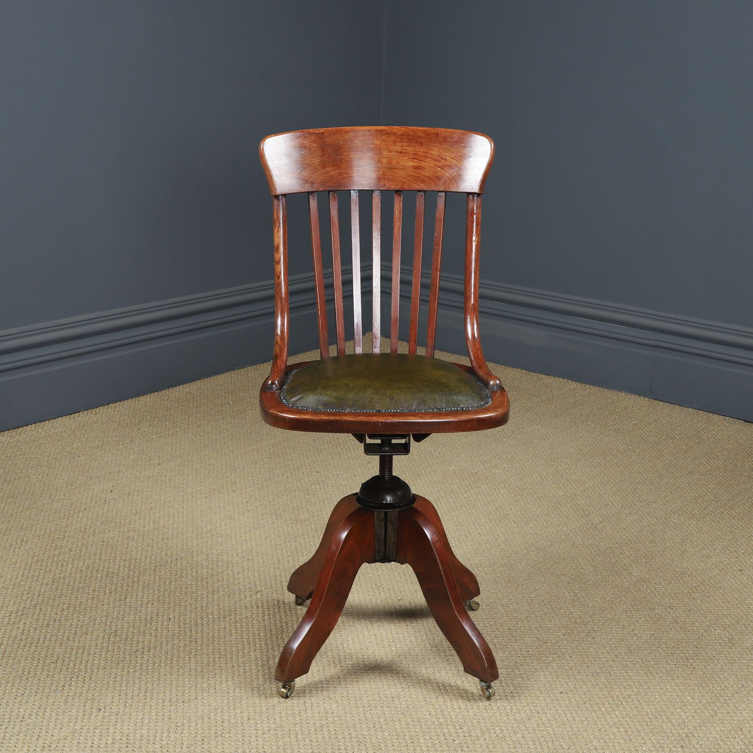 photo for sale Antique English George V Beech & Green Leather Revolving Armless Office Chair (Circa 1920)