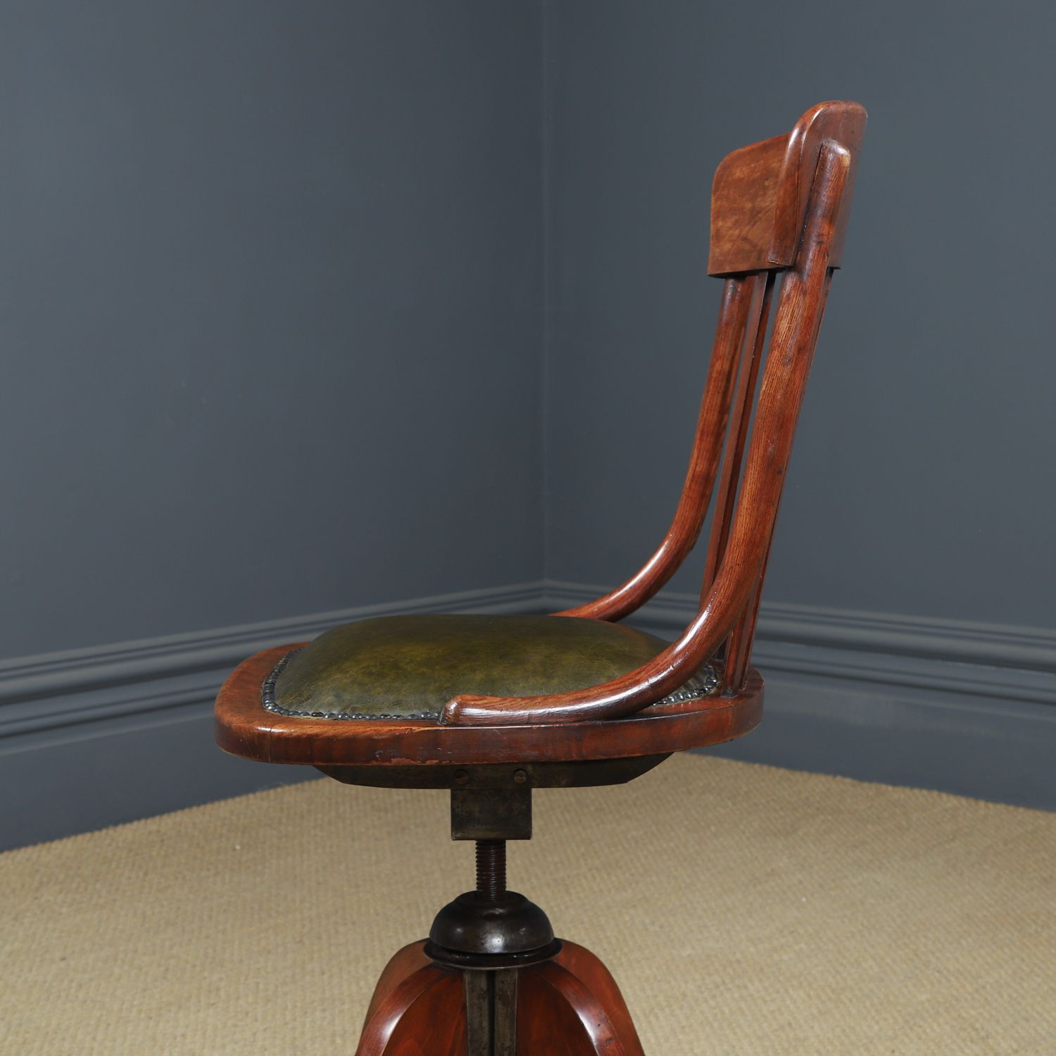 photo buy Antique English George V Beech & Green Leather Revolving Armless Office Chair (Circa 1920)
