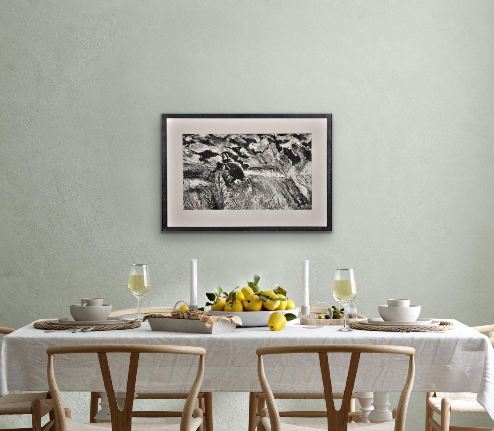 photo vintage Susan Pomery Wilks. A Flock Of Clun Forest Sheep. Framed Original Pastel & Charcoal On Paper. Modern British. Native Breed Farming In West Wales.