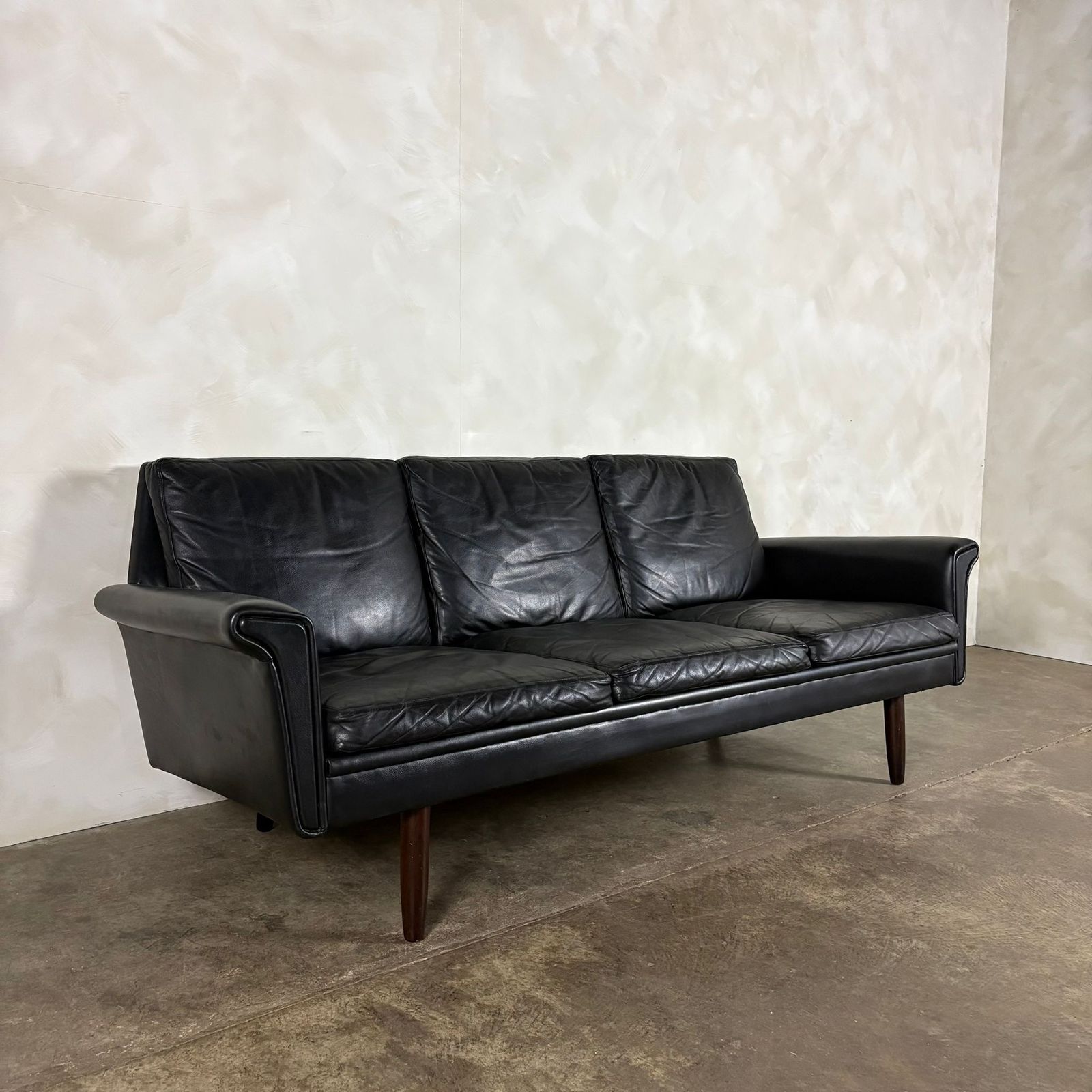 Black Leather Three Seater Sofa Danish 1960s Mid Century Retro Mcm photo for sale