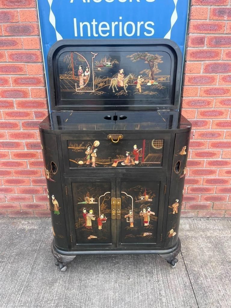 Vintage Chinese Black Lacquer With Oriental Figures Cocktail Bar Drinks Cabinet photo Furniture