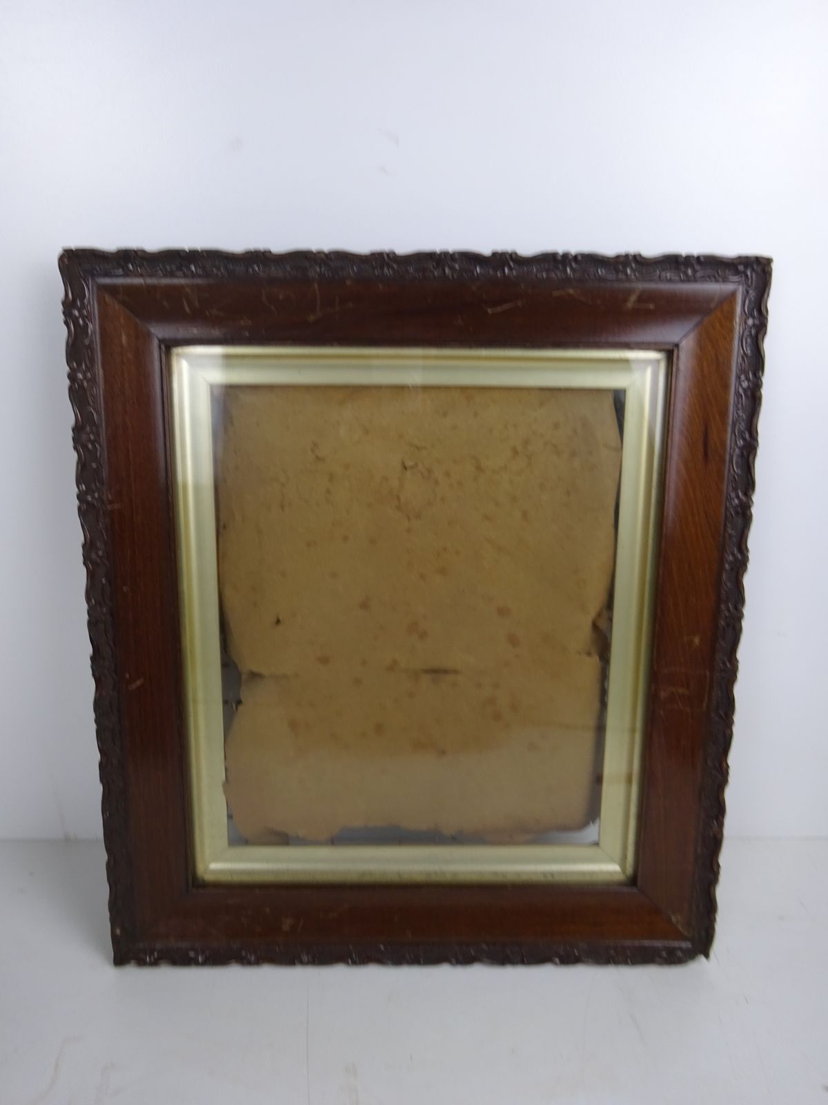 Reclaimed Victorian Carved Oak Picture Frame, With Glass & Gold Matting
